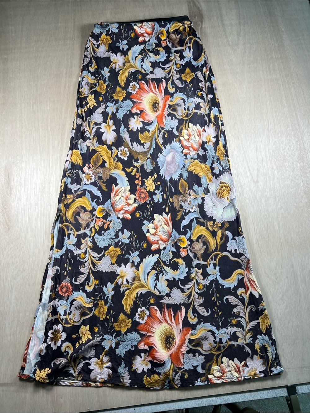 Anthropologie Black Floral Maxi Skirt with Gold & Coral Accents